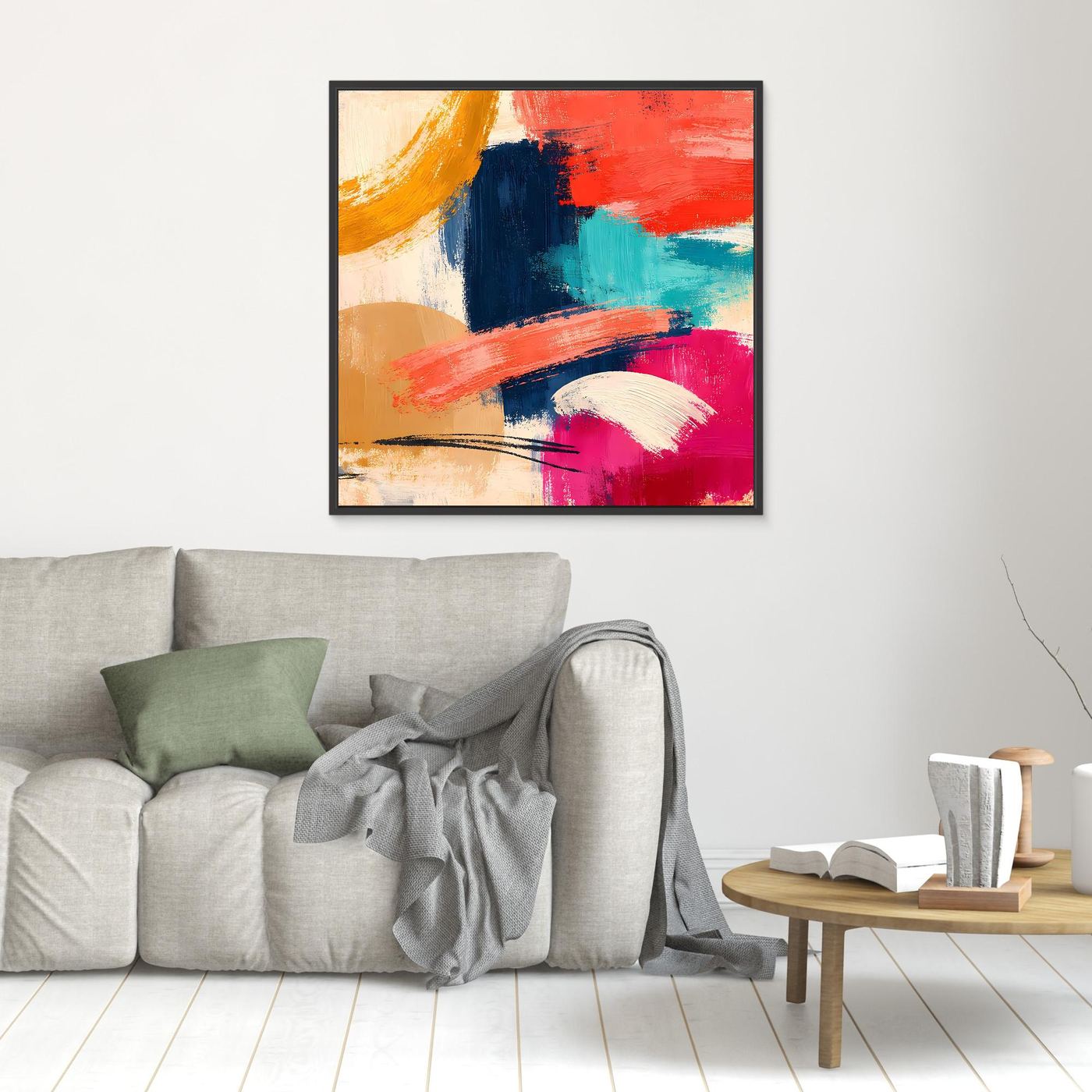 Hochkantes abstraktes Leinwand-Wandbild mit Pinselstrichen in Rot, Blau, Türkis, Rosa und Gelb, schwarz gerahmt