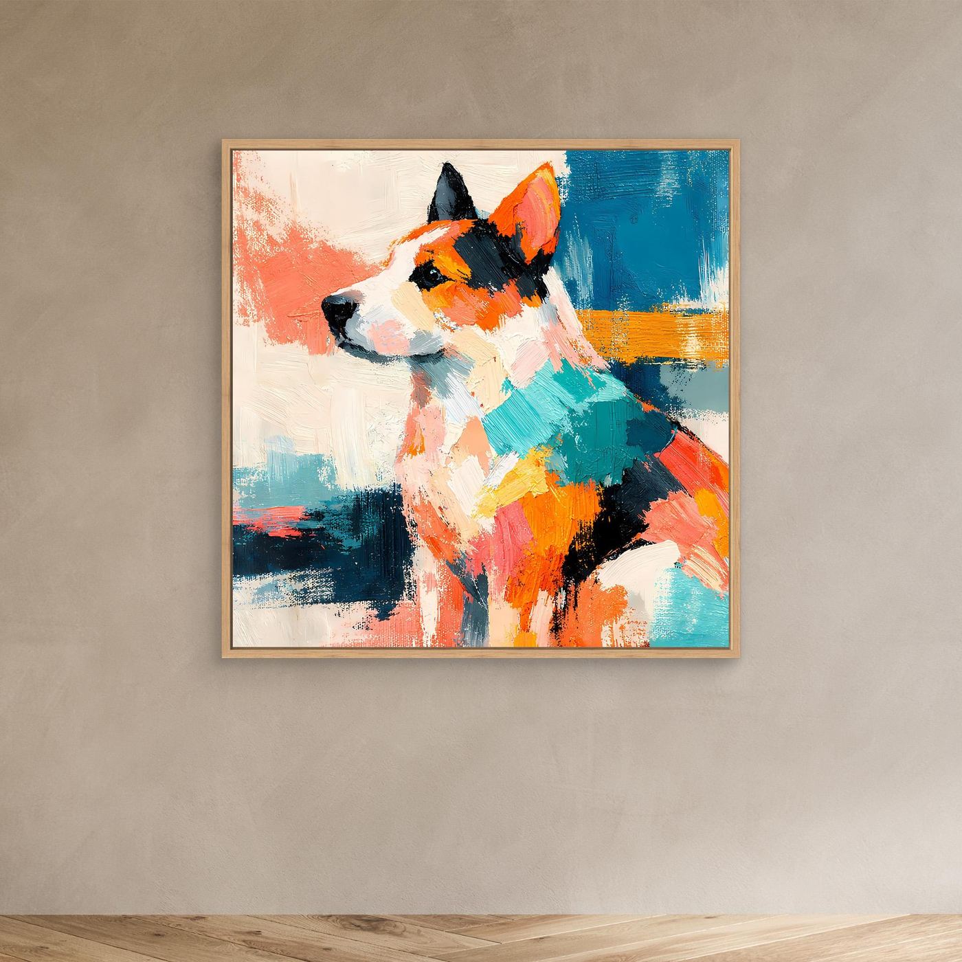 Leinwand-Wandbild mit abstraktem Hund im Pop-Art-Stil, goldbrauner Holzrahmen