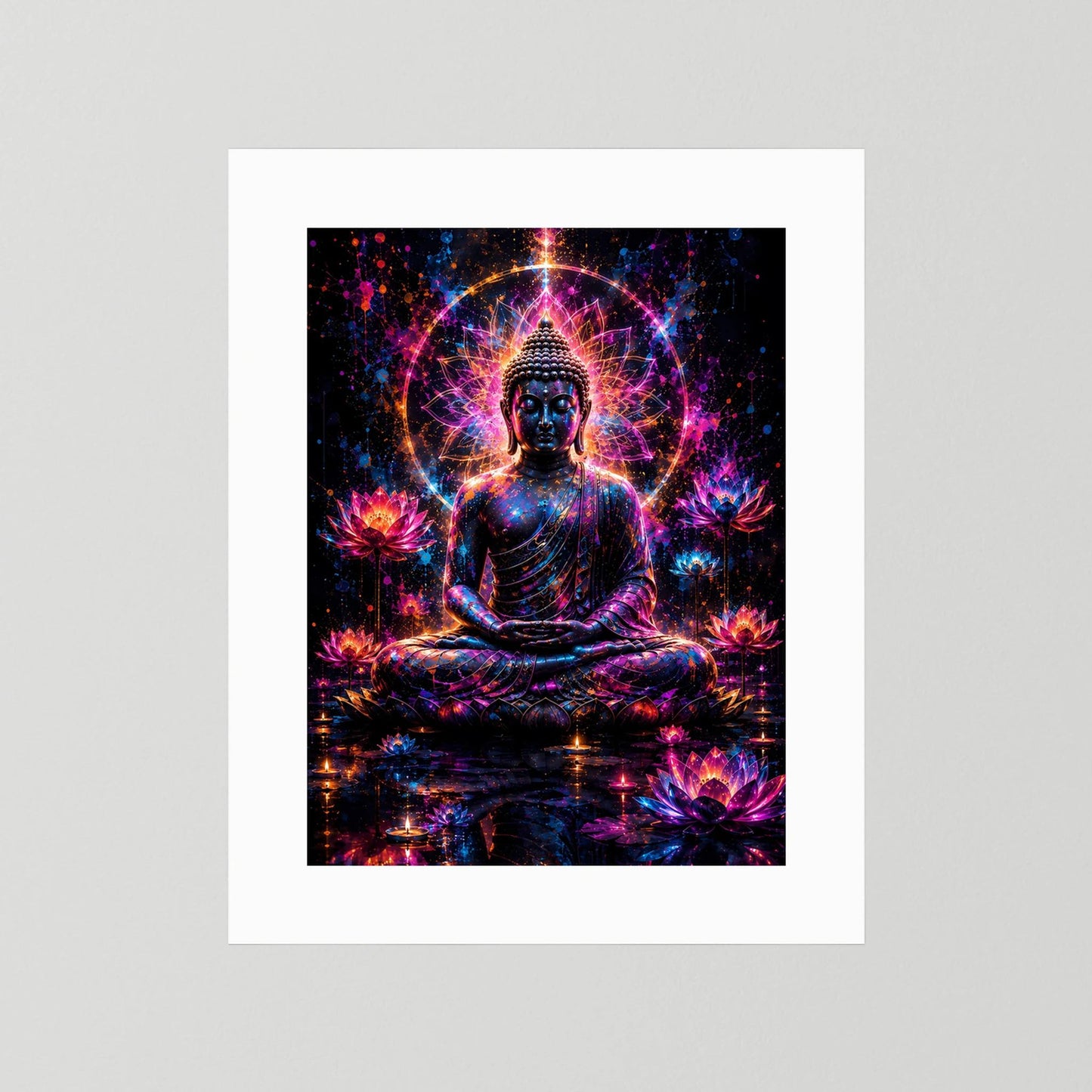 Poster ohne Rahmen: Buddha im Lotussitz, Neon-Lotus im weißen Passepartout