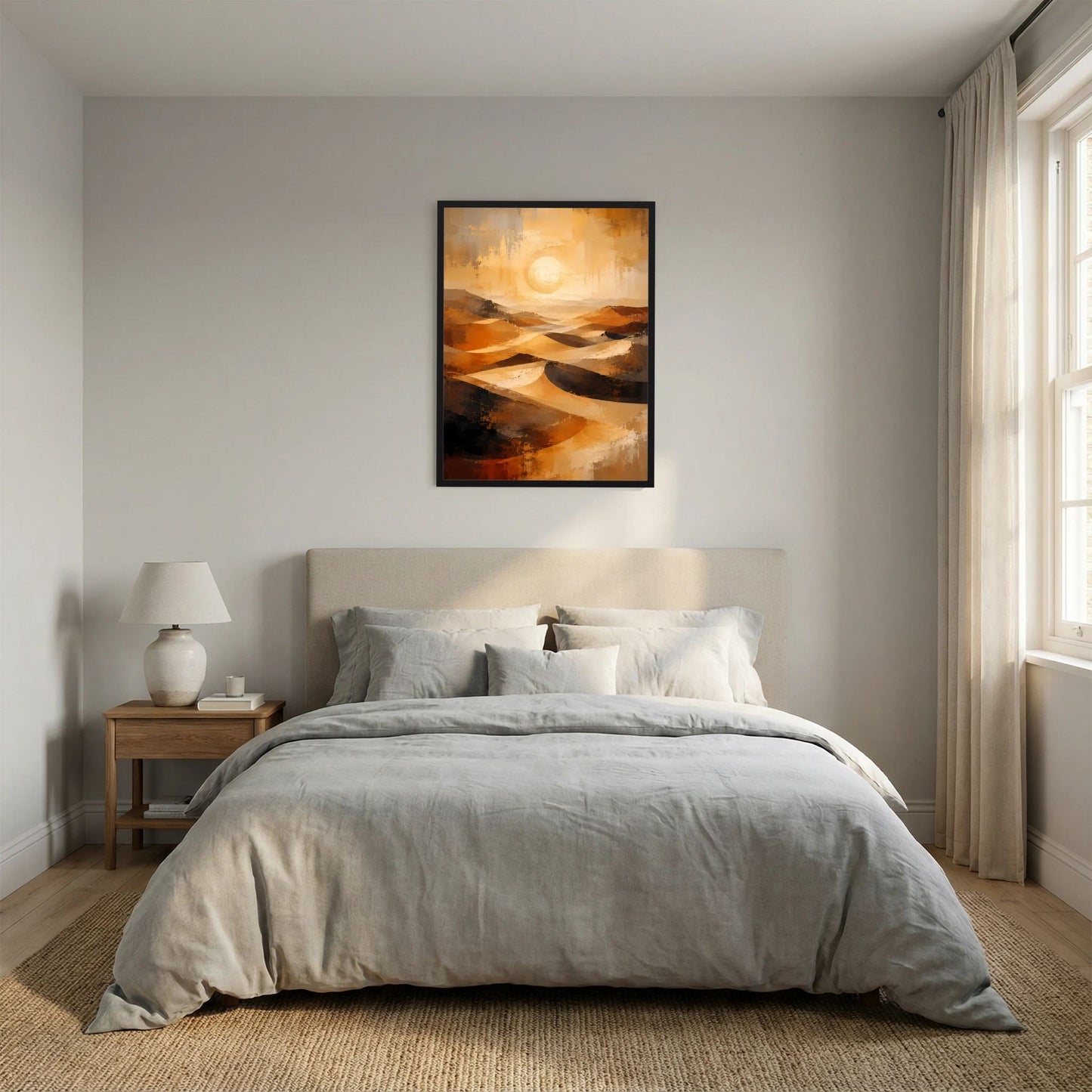 Gerahmtes Hochformat-Poster: abstrakte Dünen, warme Gold- und Orangebereiche