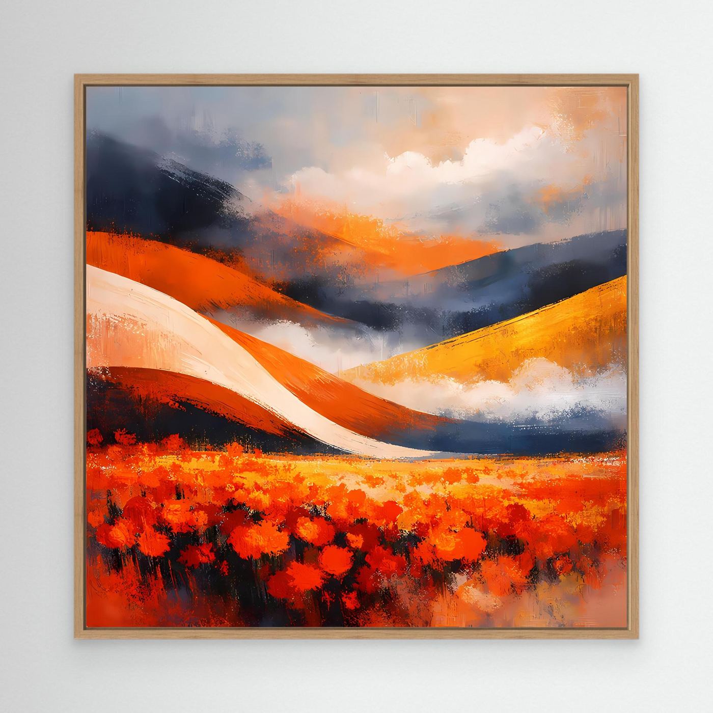 Abstraktes Leinwandbild mit rotem Mohnblumenfeld, welligen Hügeln und orangefarbenem Himmel, Eichenrahmen.