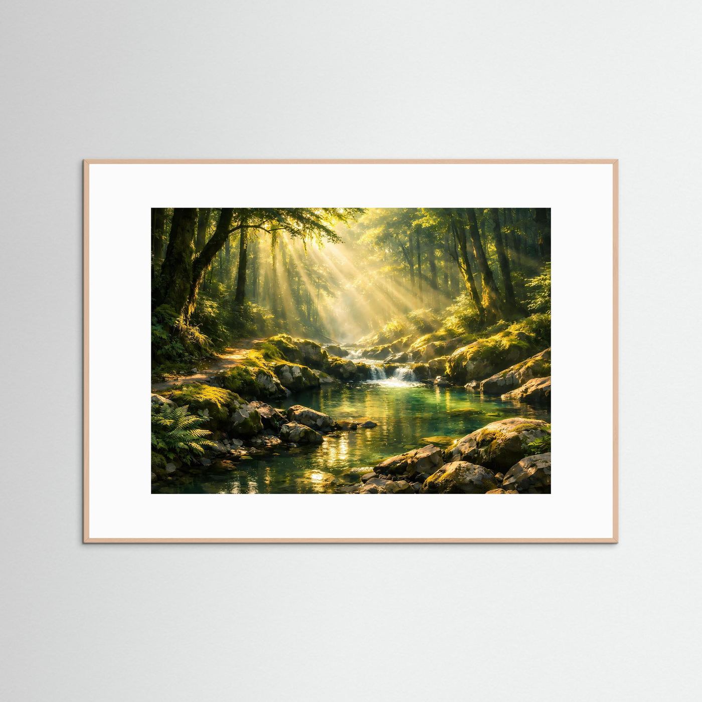 Wandbild mit grünem Bach im Wald bei Sonnenstrahlen, helles Holzrahmen