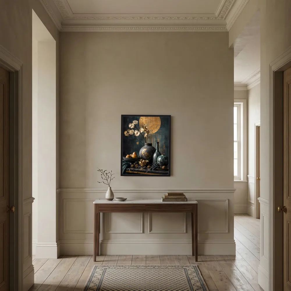 Hochformatiges Kunstposter mit Stillleben aus goldenen Blättern und Vasen, schwarz gerahmt.