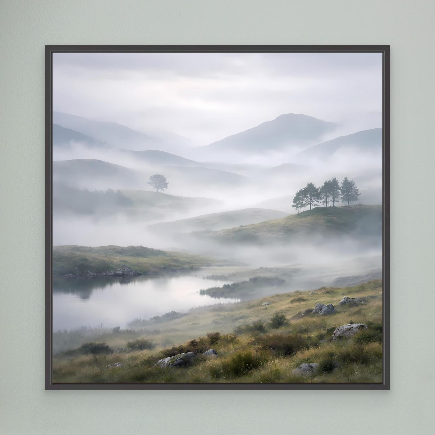 Leinwandbild mit Landschaft vom Bergsee im Nebel, schwarzer Rahmen