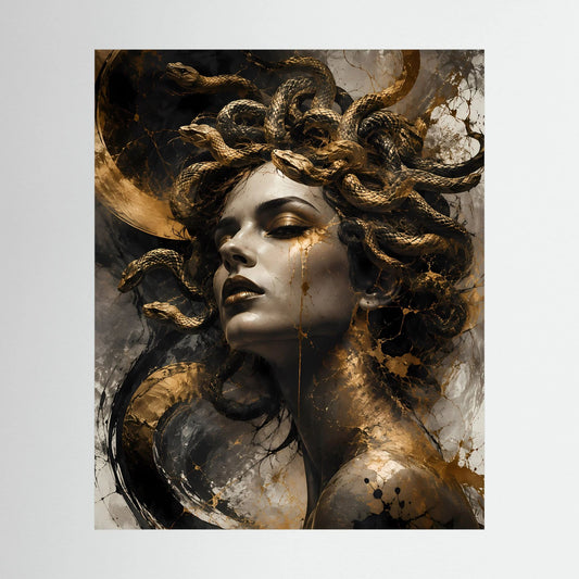 Poster mit Medusa-Frau, schwarzer Hintergrund und goldene Schlangen im Kopfhaar