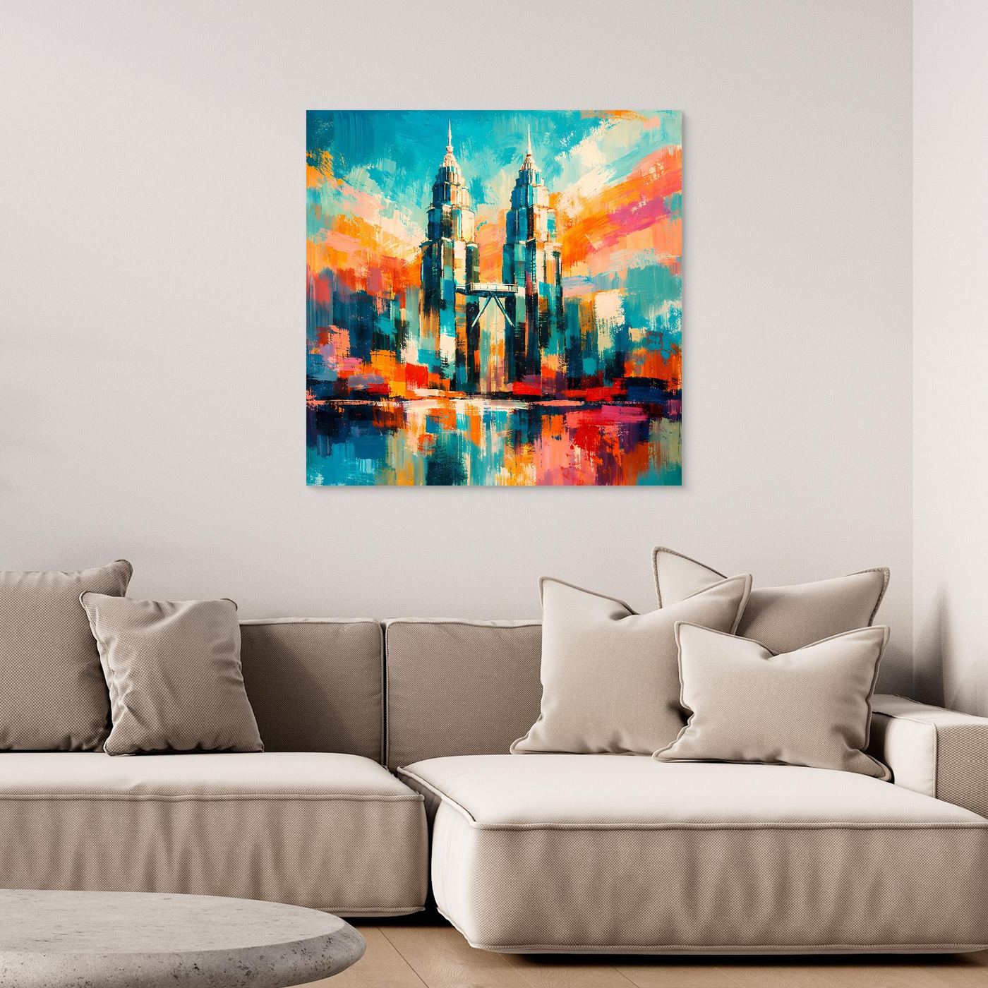 Abstraktes Leinwand-Wandbild mit türkisblauem Himmel, bunten Hochhaustürmen und Spiegelung