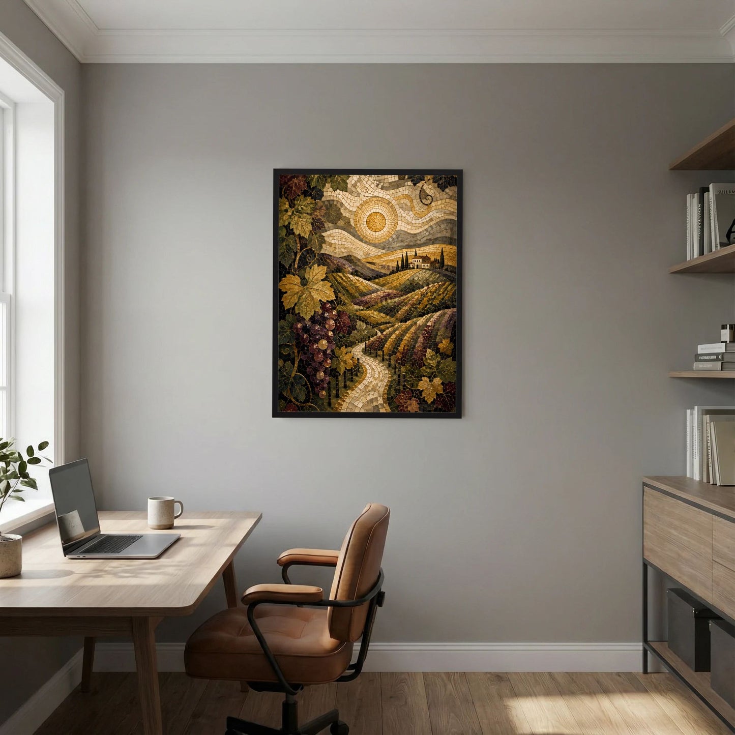 Gerahmtes Hochformat-Poster mit mosaikartiger Weinberg-Landschaft an der Wand, schwarzer Rahmen