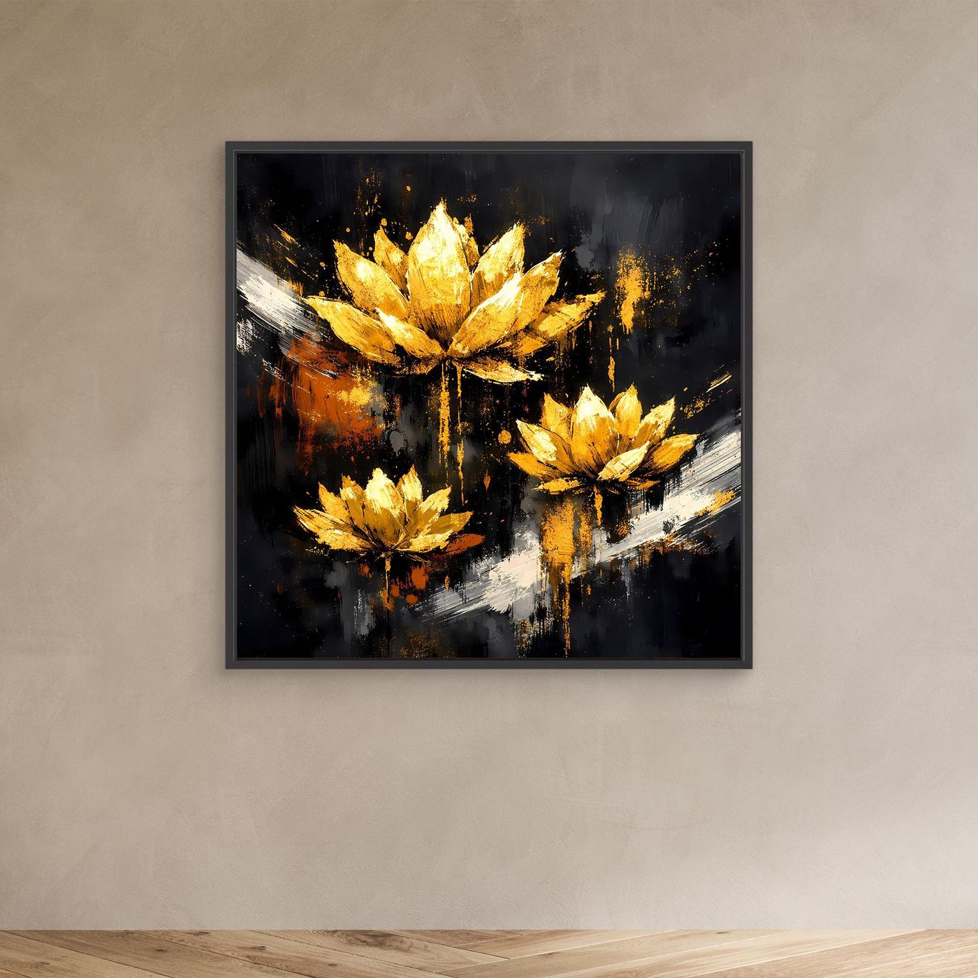 Leinwand Edle Lotusblüten in Gold und Schwarz | Modernes Florales Luxus Wandbild