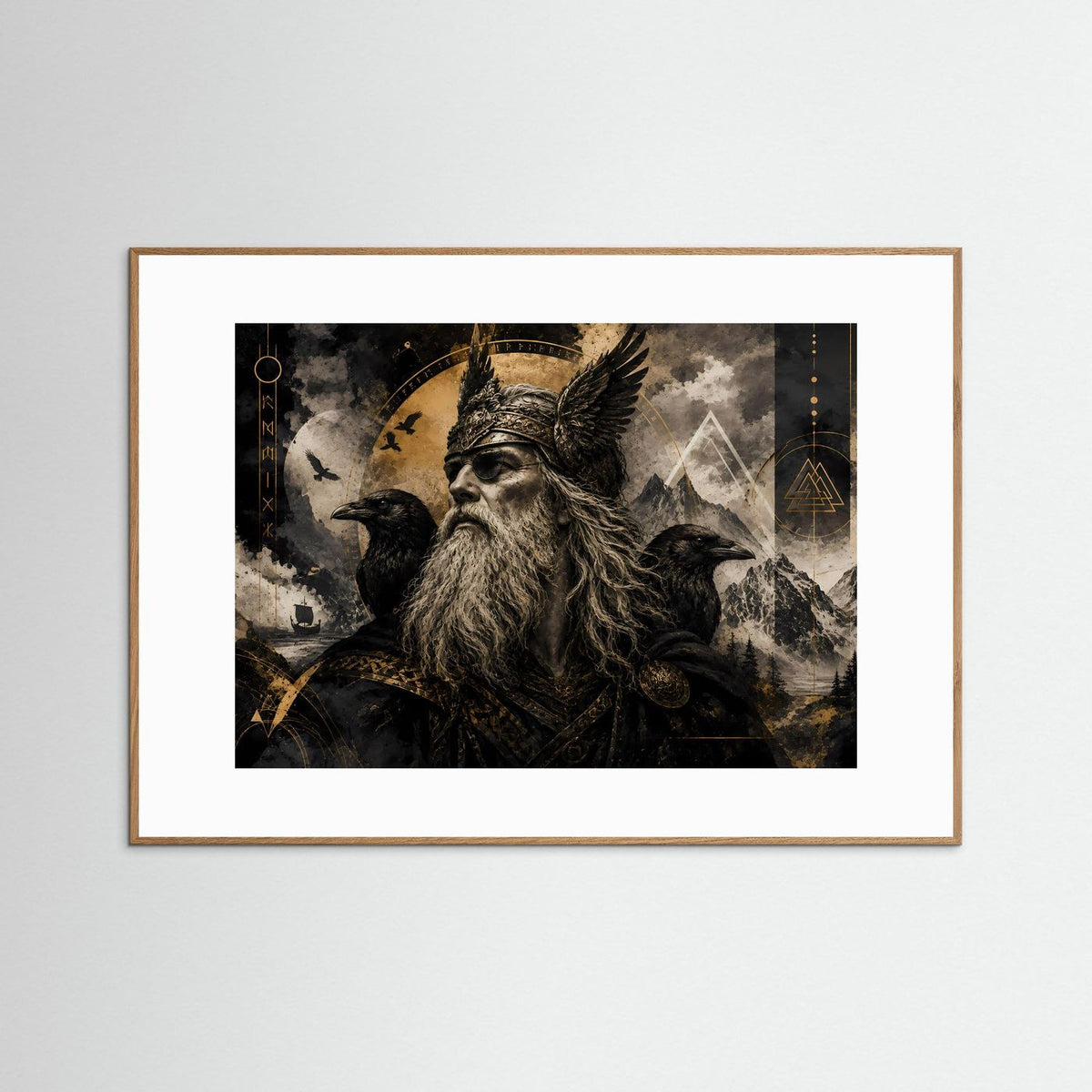 Querformat-Poster mit Odin und Raben, schwarzer Motivdruck mit goldenen Akzenten, in braunem Rahmen