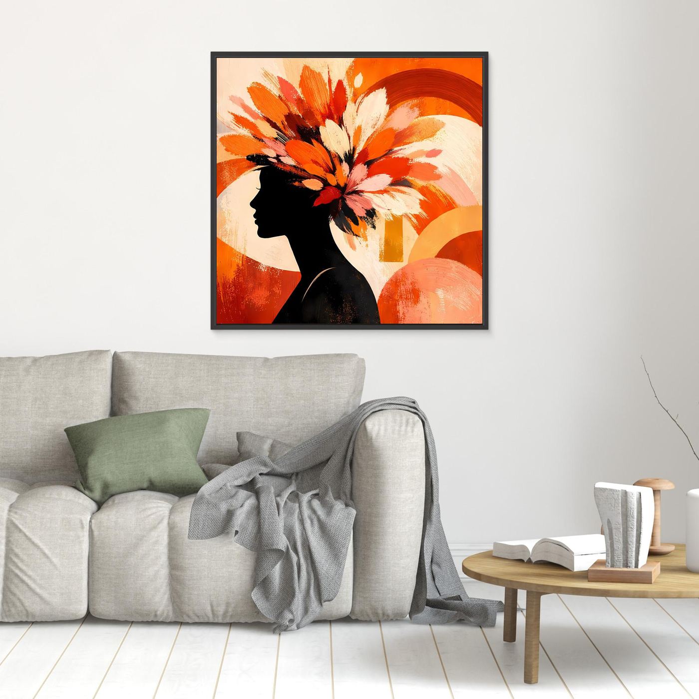 Wandbild mit Silhouette einer Frau im Blumenkranz, abstrakt, gerahmt