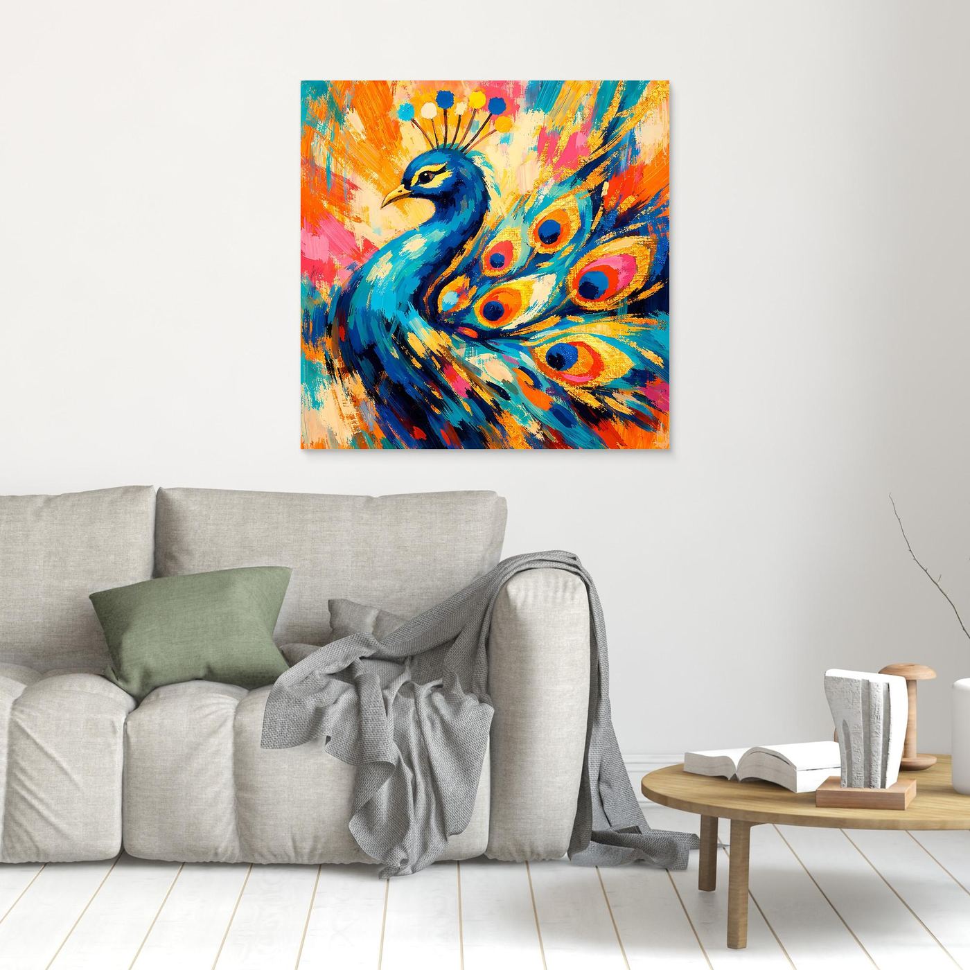 Leinwandbild ohne sichtbaren Rahmen: kleines abstraktes Pfau-Motiv in Blau und Orange
