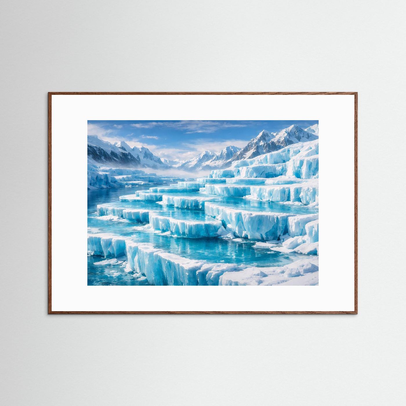 Wandbild mit Gletscherlandschaft: eisige Berge und blaues Eis, brauner Rahmen
