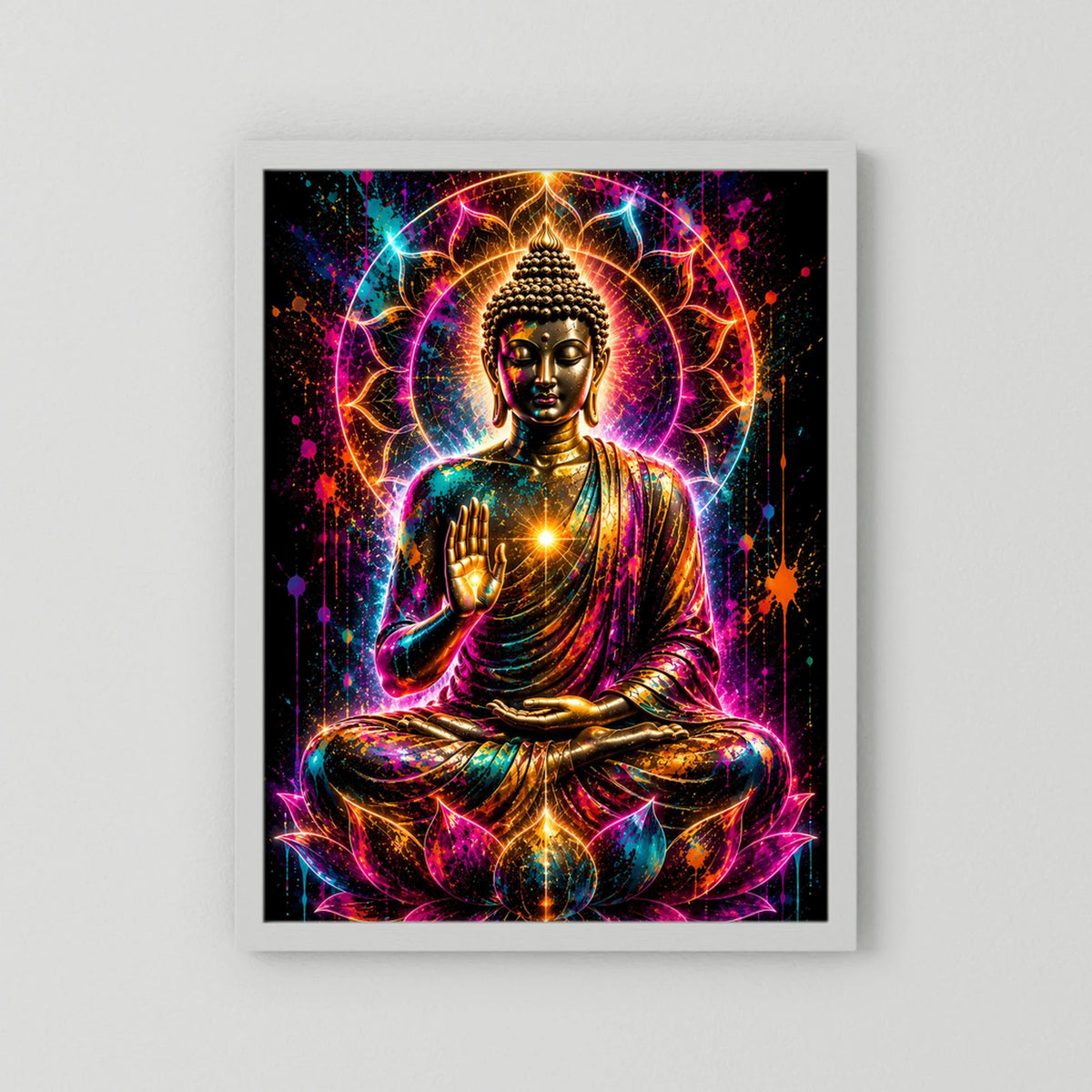 Hochformat-Poster mit Buddha im Lotussitz, farbige Neon-Illustration, weißer Rahmen mit Passepartout