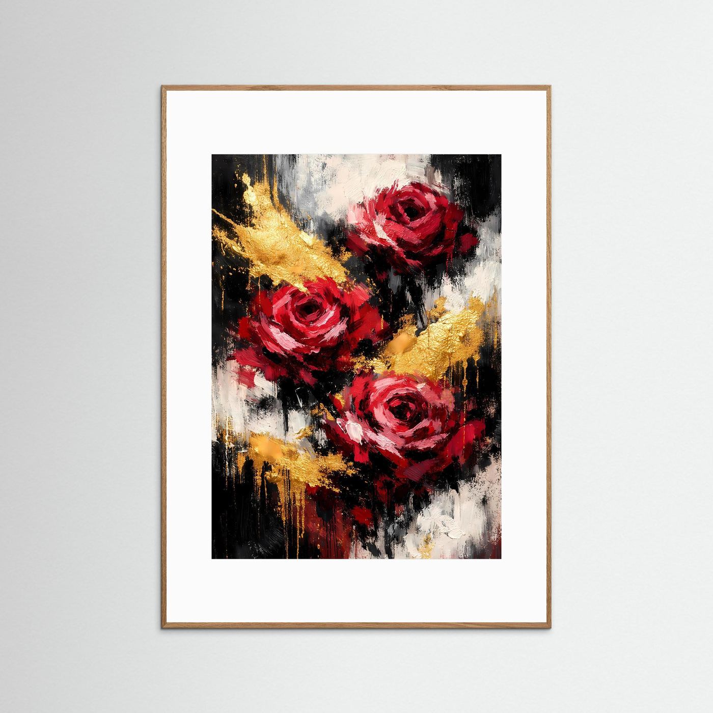 Wandbild mit abstrakten roten Rosen und goldenen Akzenten, hellbraun gerahmt