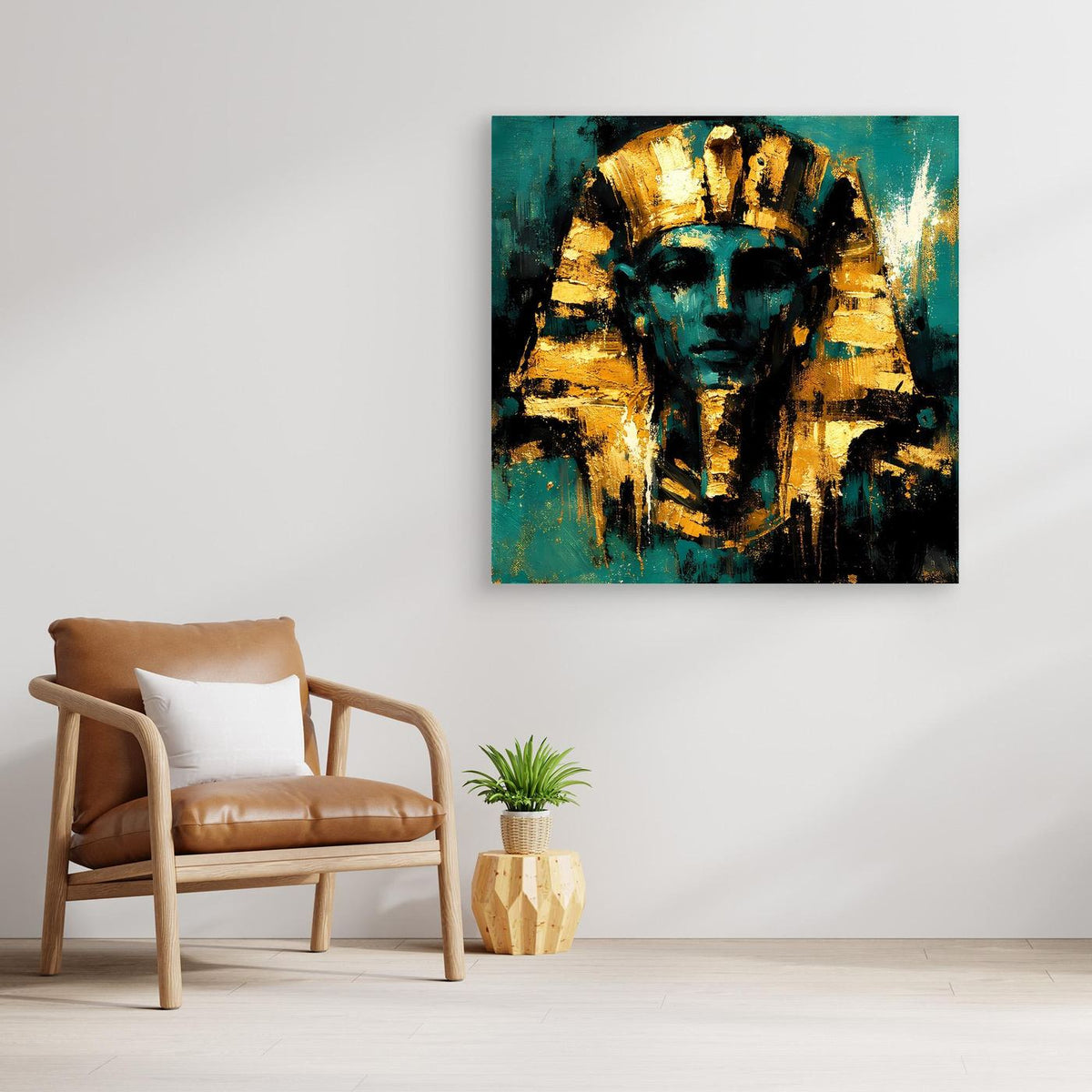 Leinwand-Wandbild mit abstraktem Pharao-Kopf, Türkisgrund und Goldfarben
