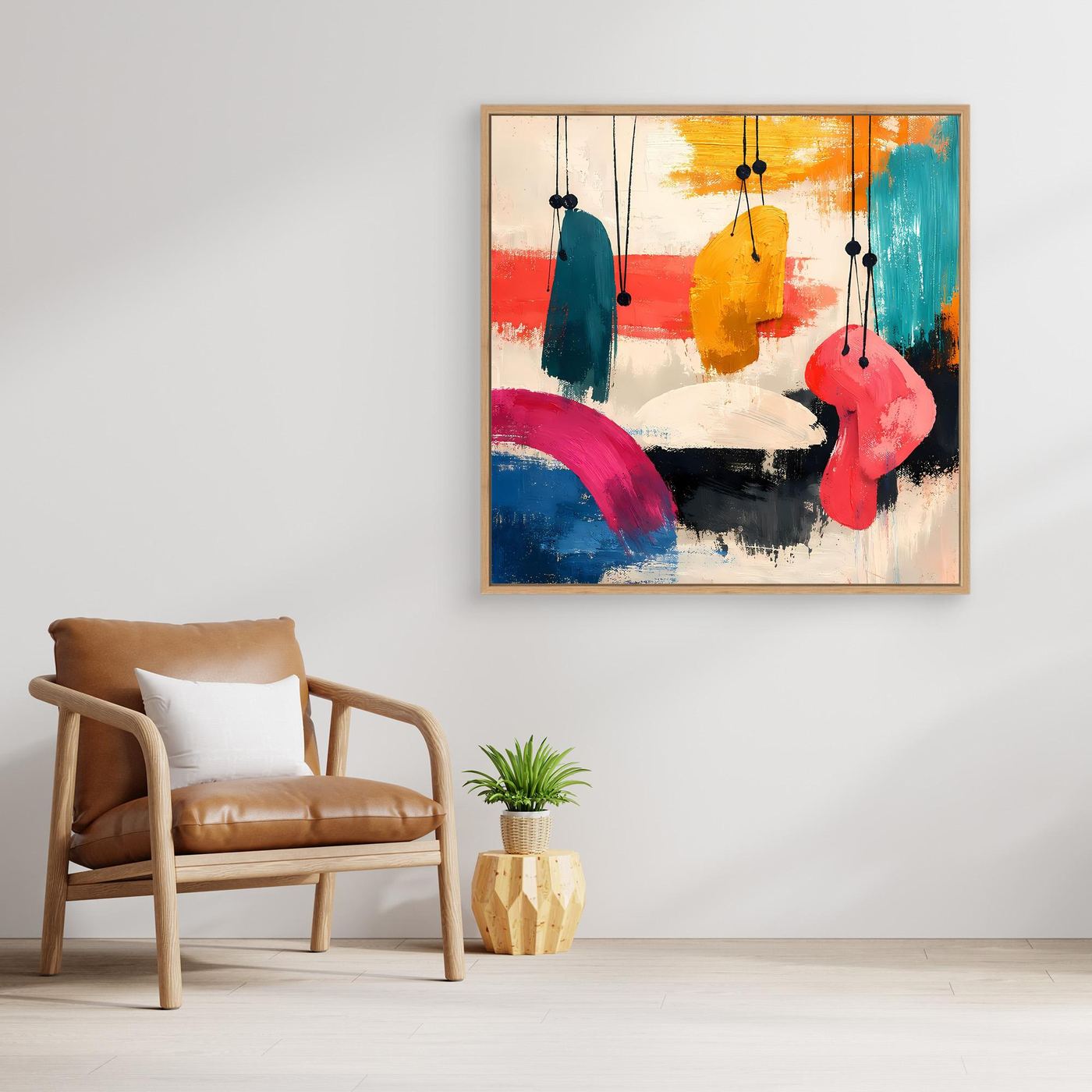 Framed abstract wall art with multicolor hanging organic shapes, viewed in a corner of a room