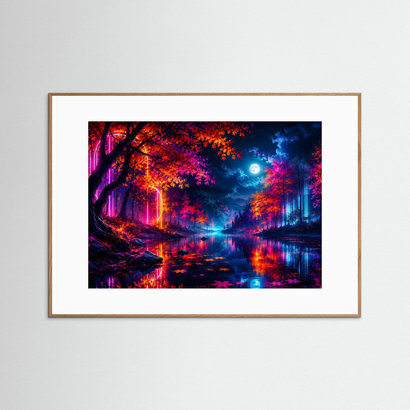 Neon Wald Poster | Futuristische Herbst Landschaft | Cyberpunk Natur Wandbild | Leuchtender Mond | Moderne Fantasy Kunst