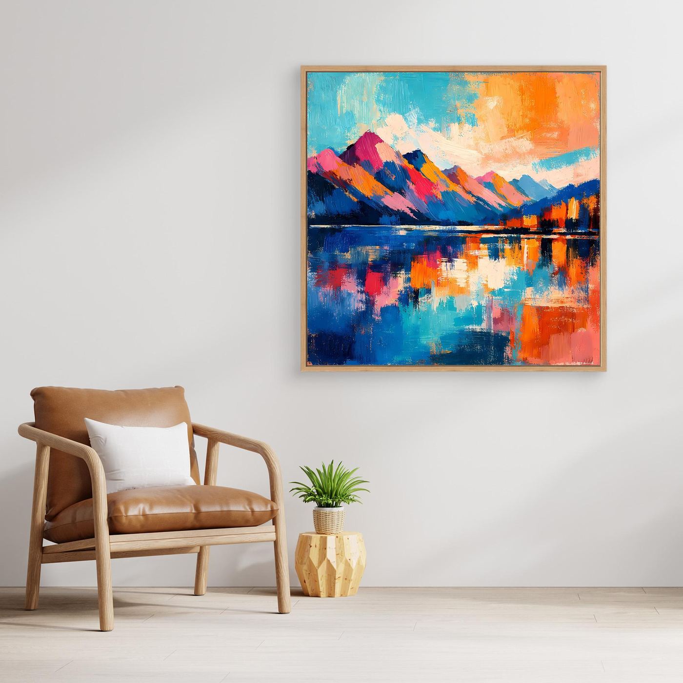 Wandbild auf Leinwand mit abstrakter Bergkette und Spiegelung im See, mit hölzernem Rahmen
