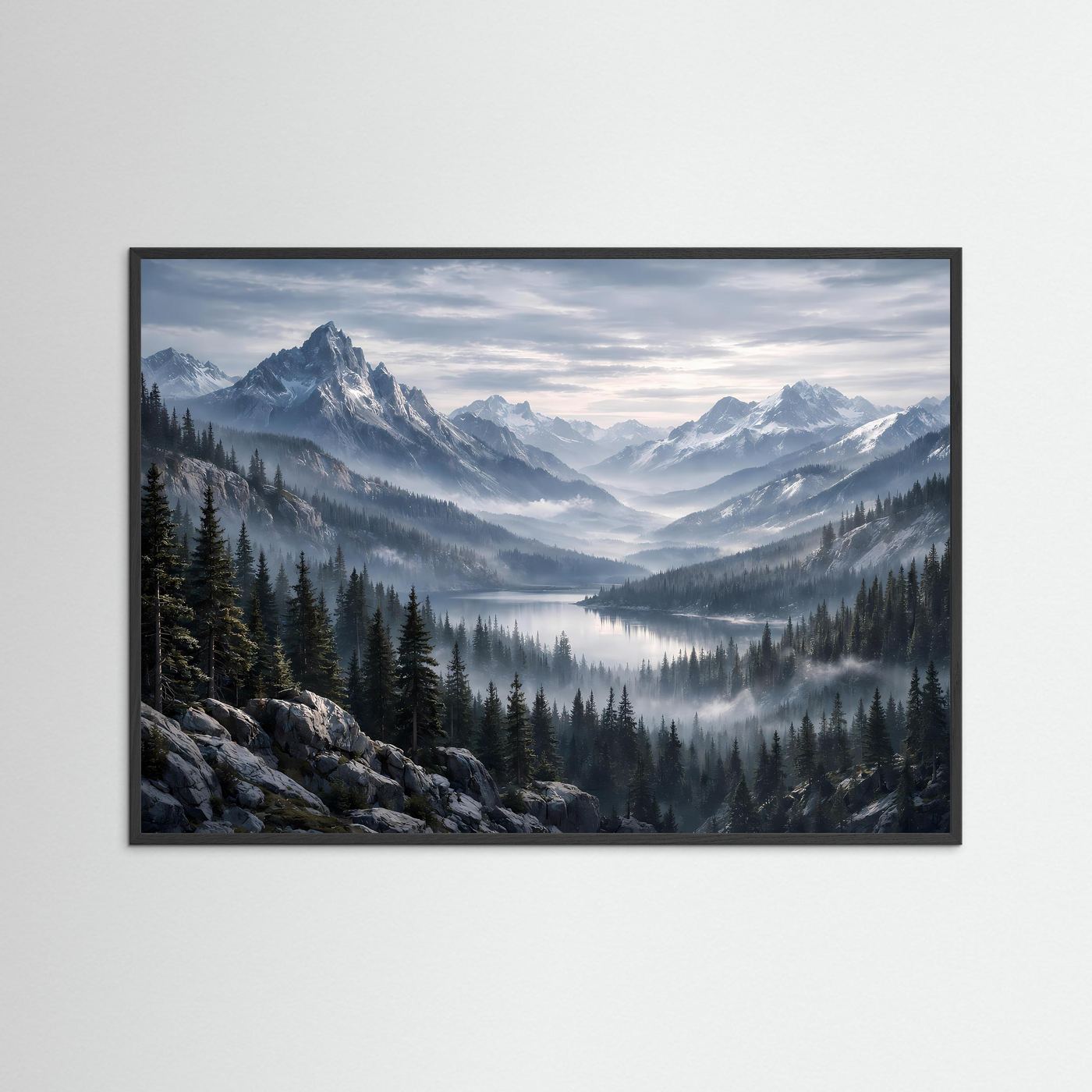Poster im Querformat mit Bergsee, Tannenwald und Nebel, schwarzer Rahmen