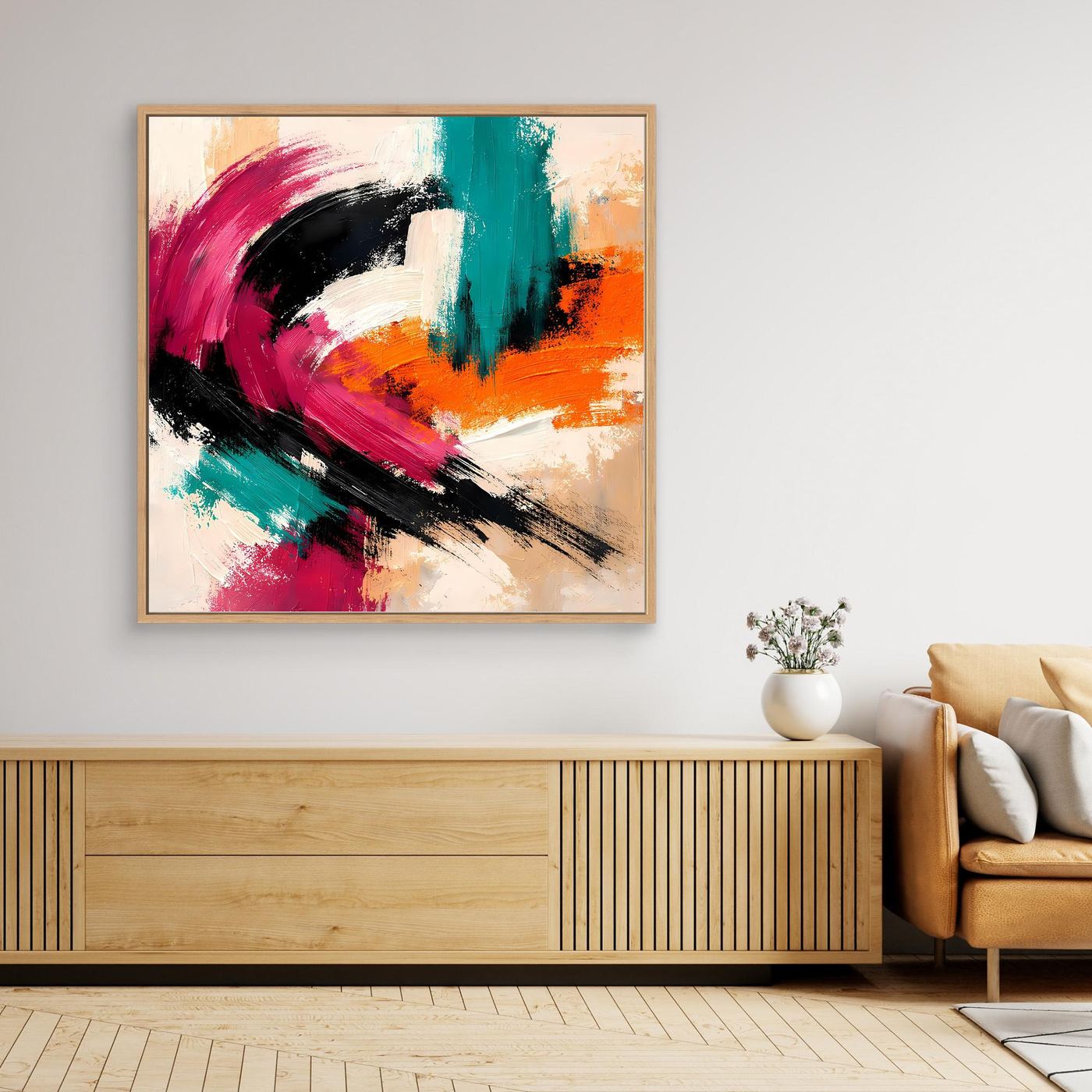 Abstraktes Leinwandbild mit Pinselstrichen in Pink, Grün und Orange, goldbrauner Rahmen