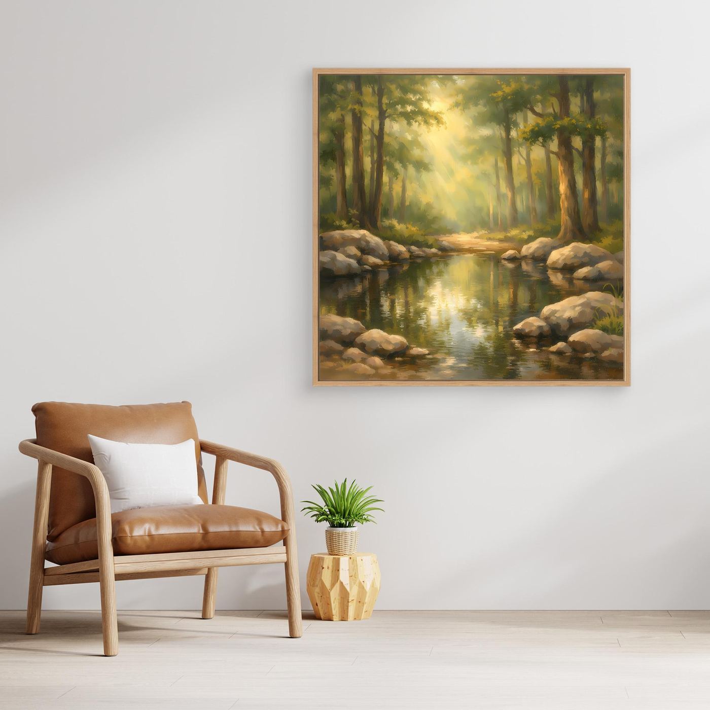 Gerahmtes Leinwandbild mit Bach im Wald bei Sonnenstrahlen, Steine und grünes Licht, Holzrahmen.