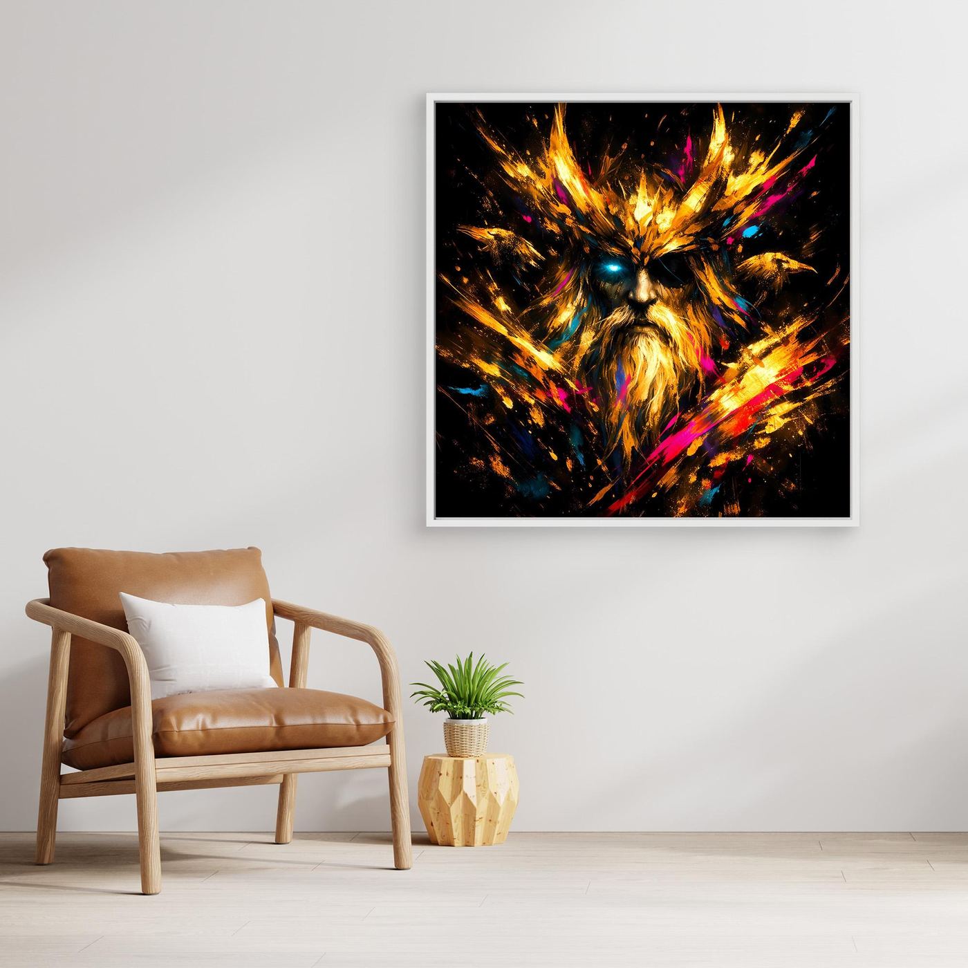 Leinwand Goldener Odin der Allvater mit Raben | Modernes Nordisches Mythologie Wandbild