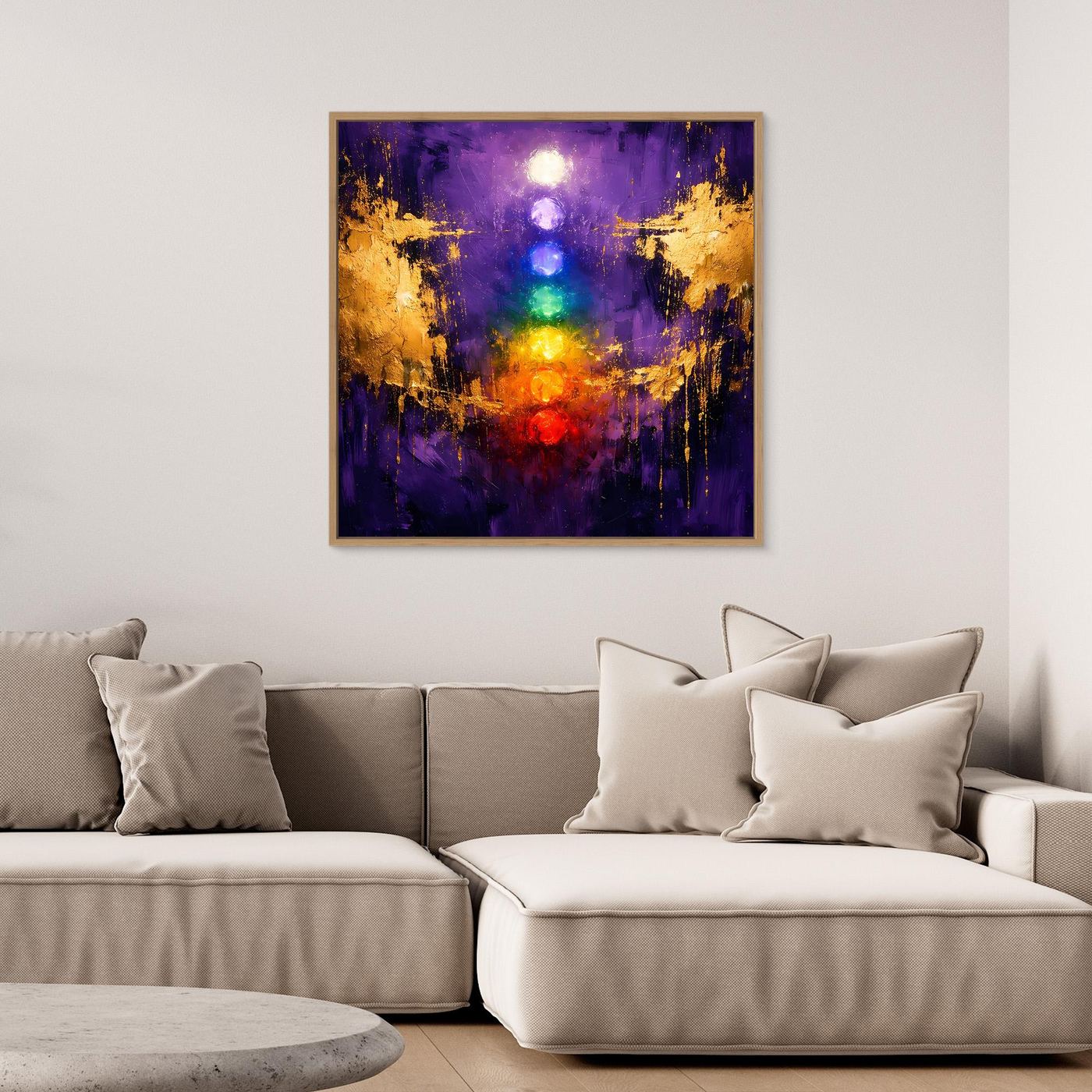 Leinwand Sieben Chakren auf tiefem Violett | Modernes Spirituelles Yoga Wandbild