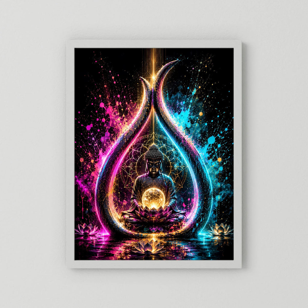 Poster im weißen Rahmen: meditativer Buddha auf Lotus, leuchtende Energiekugel im Neon-Drop