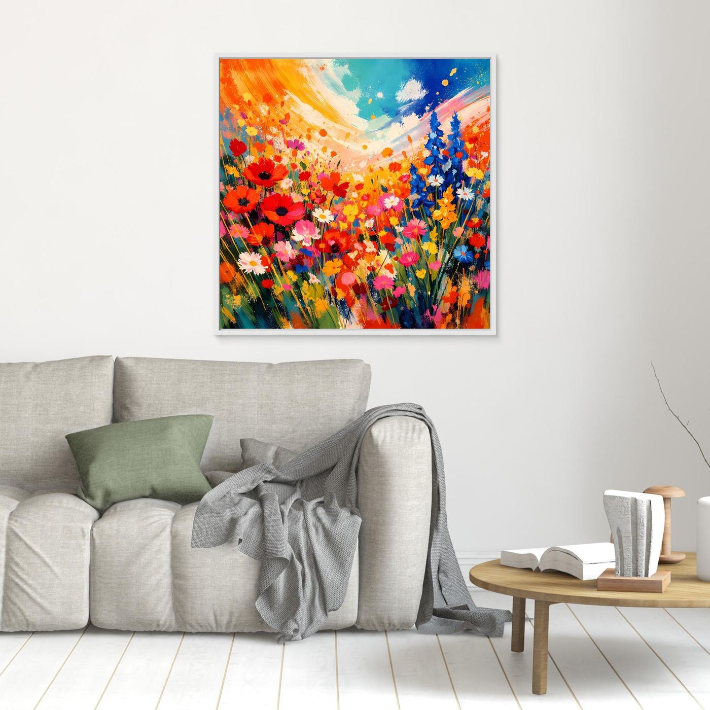 Leinwandbild mit Blumenwiesen-Motiv in kräftigen Farben, dunkler Rahmen, abstrakte Blüten
