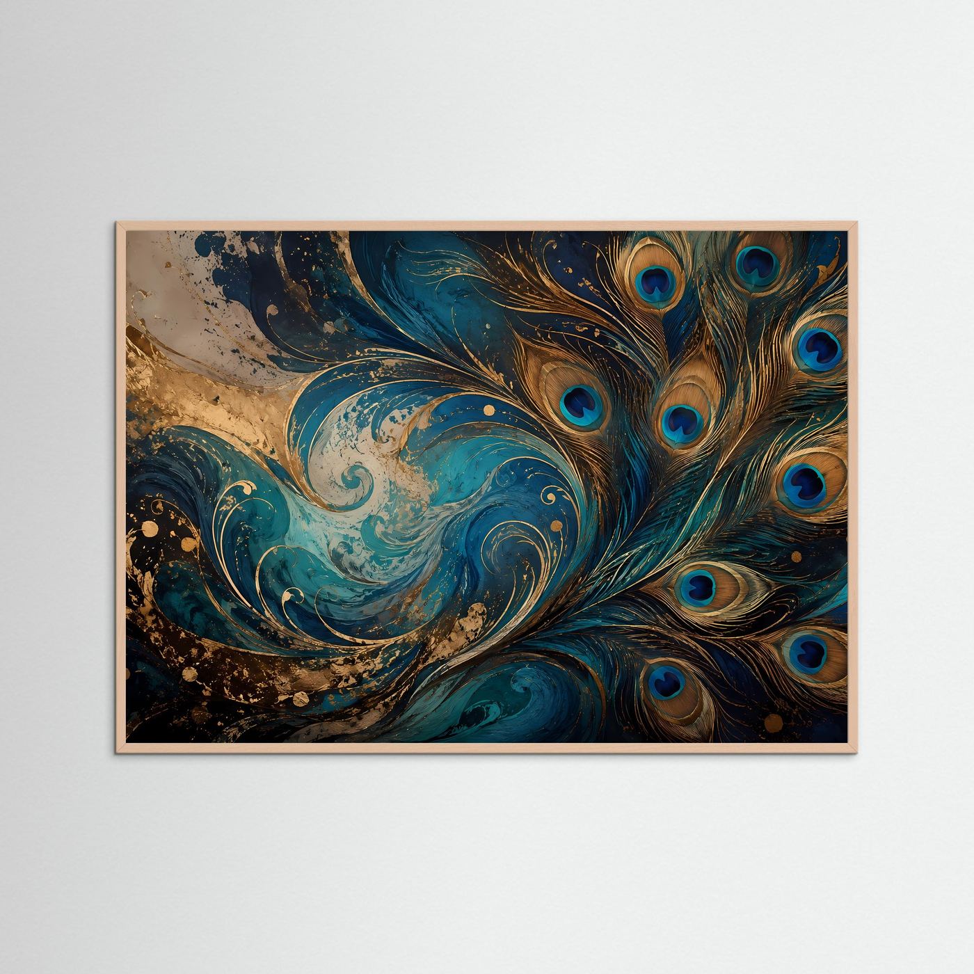 Pfauenfedern Poster | Abstrakte Pfauenkunst Wandbild | Blau Gold Modern | Elegante Federkunst | Luxuriöser Kunstdruck