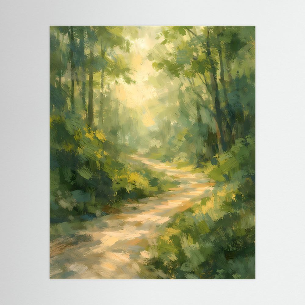 Waldweg-Poster Hochformat mit grünem Wald und hellem Sonnenlicht auf dem Weg