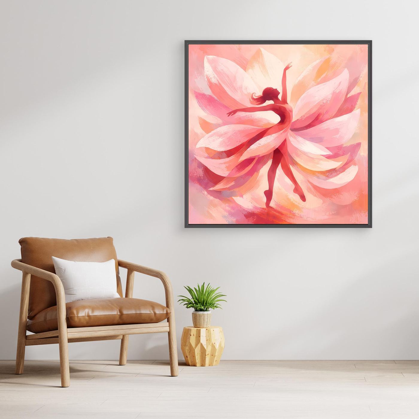 Quadratisches Leinwandbild mit rosa Blüte und Tänzerin-Silhouette im schwarzen Rahmen.