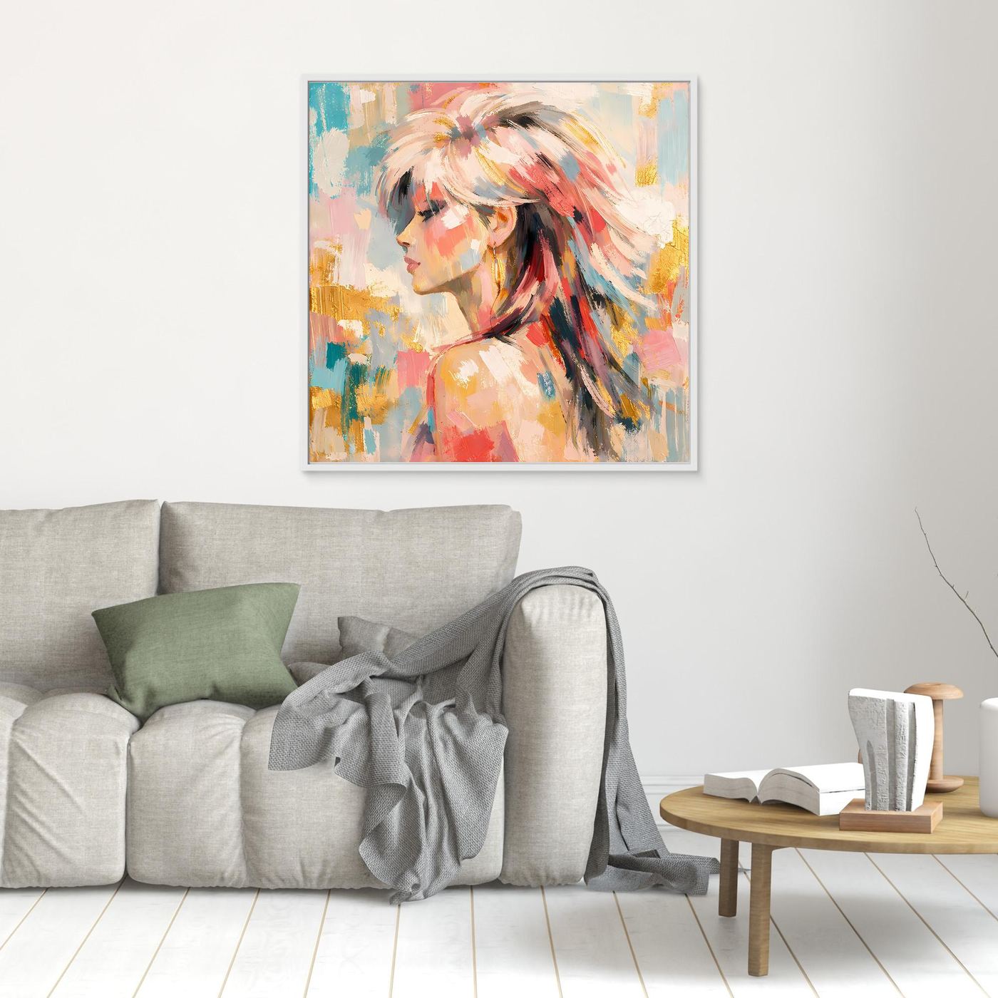 Leinwandbild mit abstraktem Frauenportrait, pastellfarben, weiß gerahmt