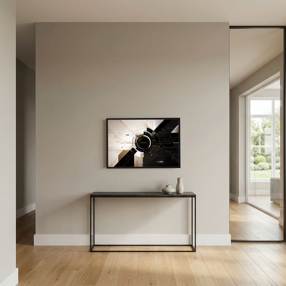 Tech-Poster im Querformat mit dunklem Rahmen und abstraktem Digital-Layout in Schwarz und Gold