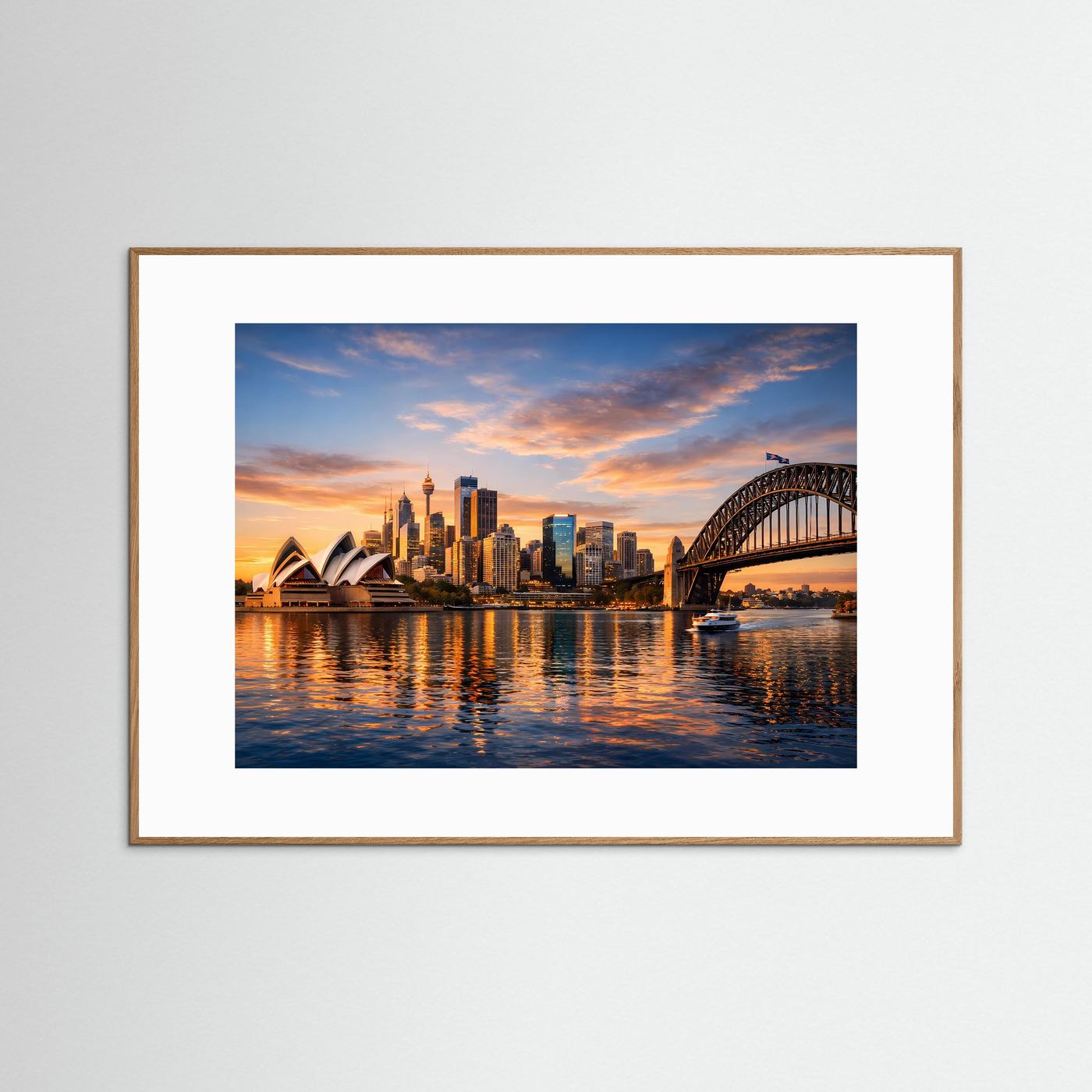 Querformatiges Panorama-Poster mit Sydney-Skyline, Opernhaus und Harbour Bridge am Wasser