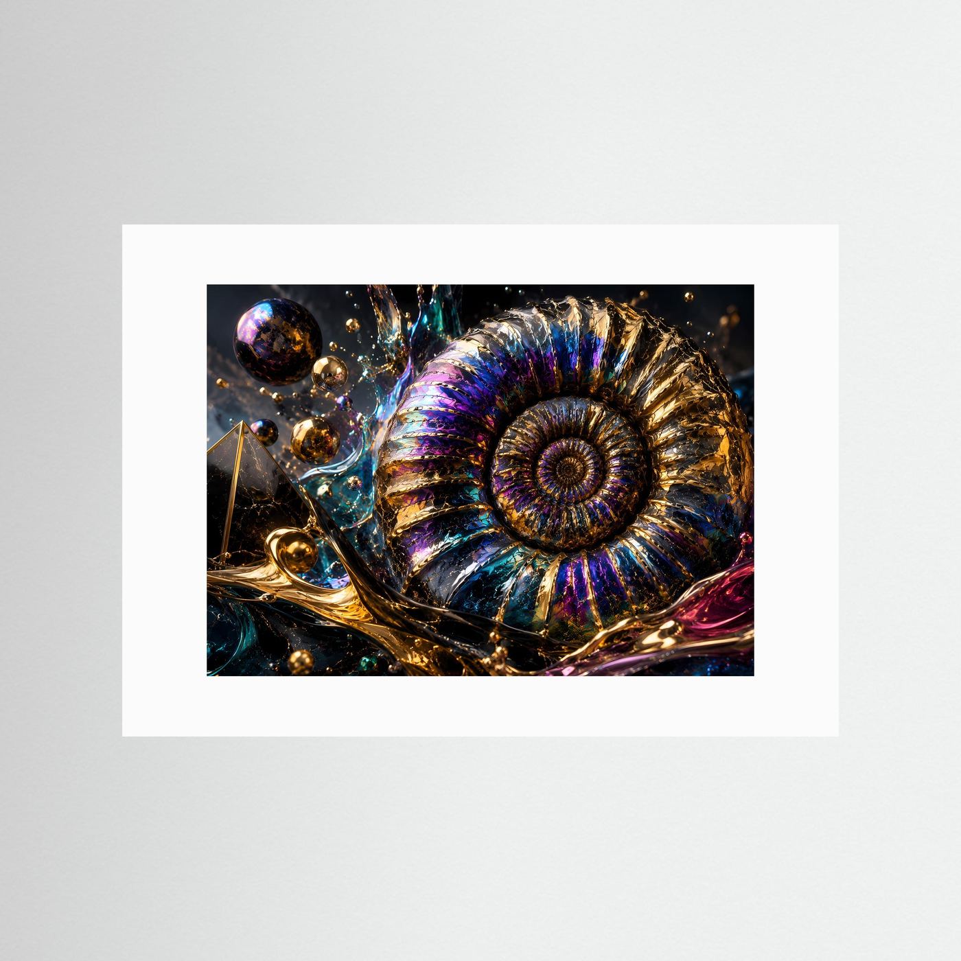 Ammonit Fossil Wandbild | Luxuriöse Geoden Kunst | Abstrakte Gold Blau Lila Wanddekoration | Moderne Premium Leinwand | Geometrische Naturkunst