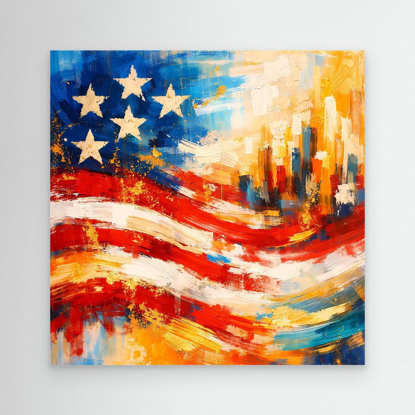 Leinwandbild mit abstrakter US-Flagge, blaue Sterne und rote Streifen, ohne Rahmen