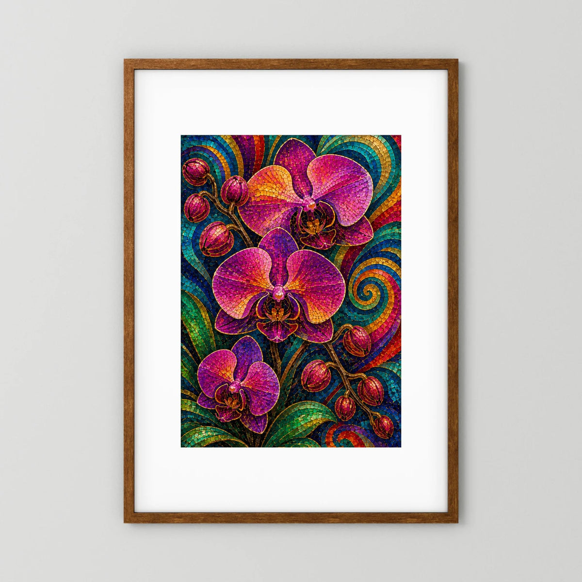 Gerahmtes Poster mit buntem Orchideen-Mosaik in Pink und Gold, Hochformat