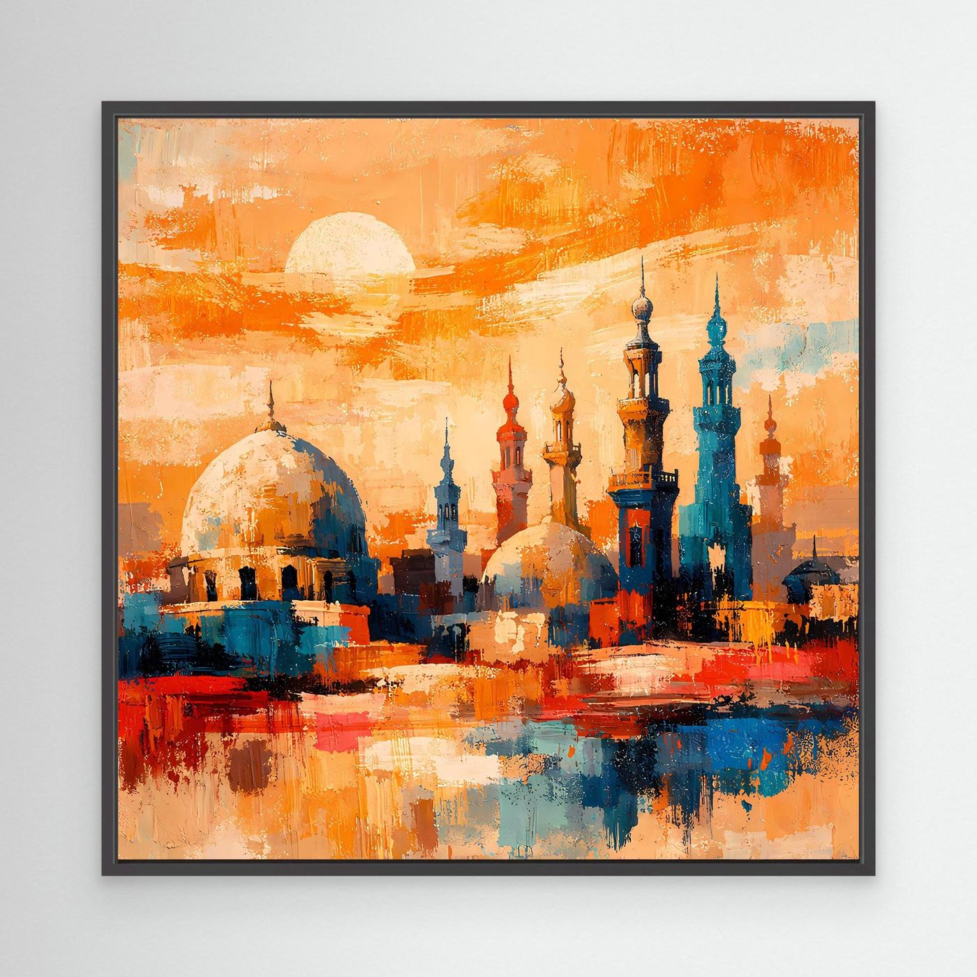 Abstraktes Leinwandbild mit orientalischer Skyline und Minaretten, schwarz gerahmt, orange und türkisblau