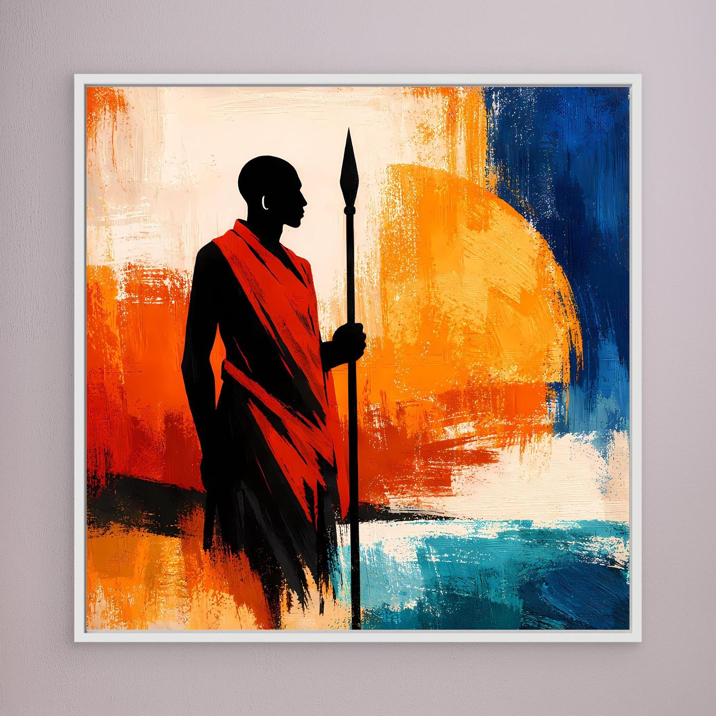 Leinwand Afrikanischer Krieger bei Sonnenuntergang | Modernes Ethno Silhouette Wandbild