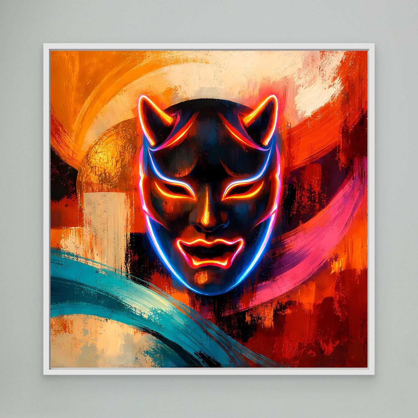 Leinwandbild mit leuchtender Oni-Maske im Neon-Look, weiß gerahmt