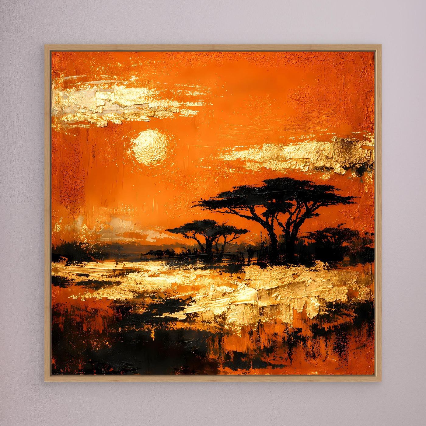 Leinwand Abstraktes Savannen-Panorama | Modernes Afrika Wandbild in Orange und Goldblättern