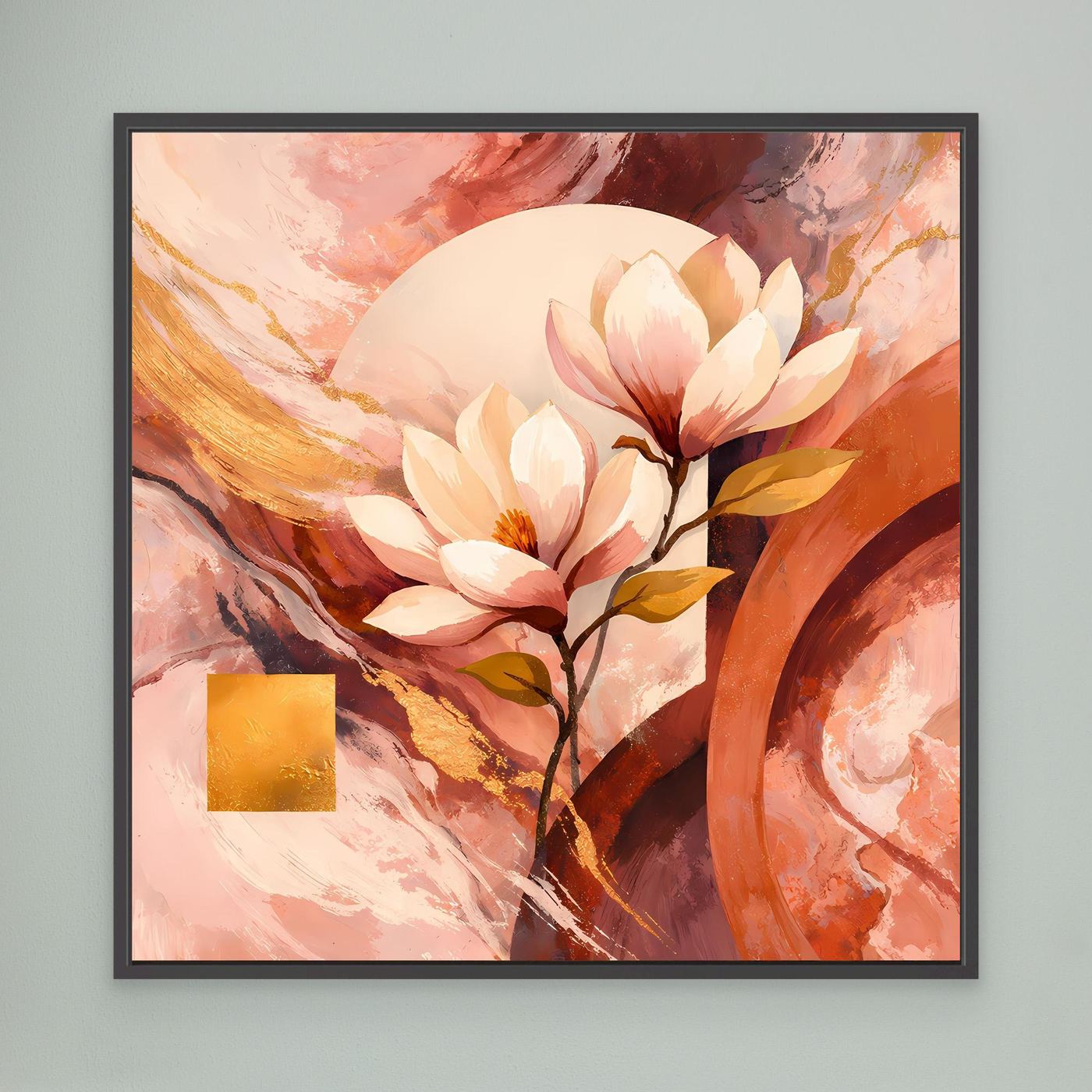 Gerahmtes Leinwandbild: Magnolienblüten in Rosé, abstrakte Striche, goldener Akzent; schwarz