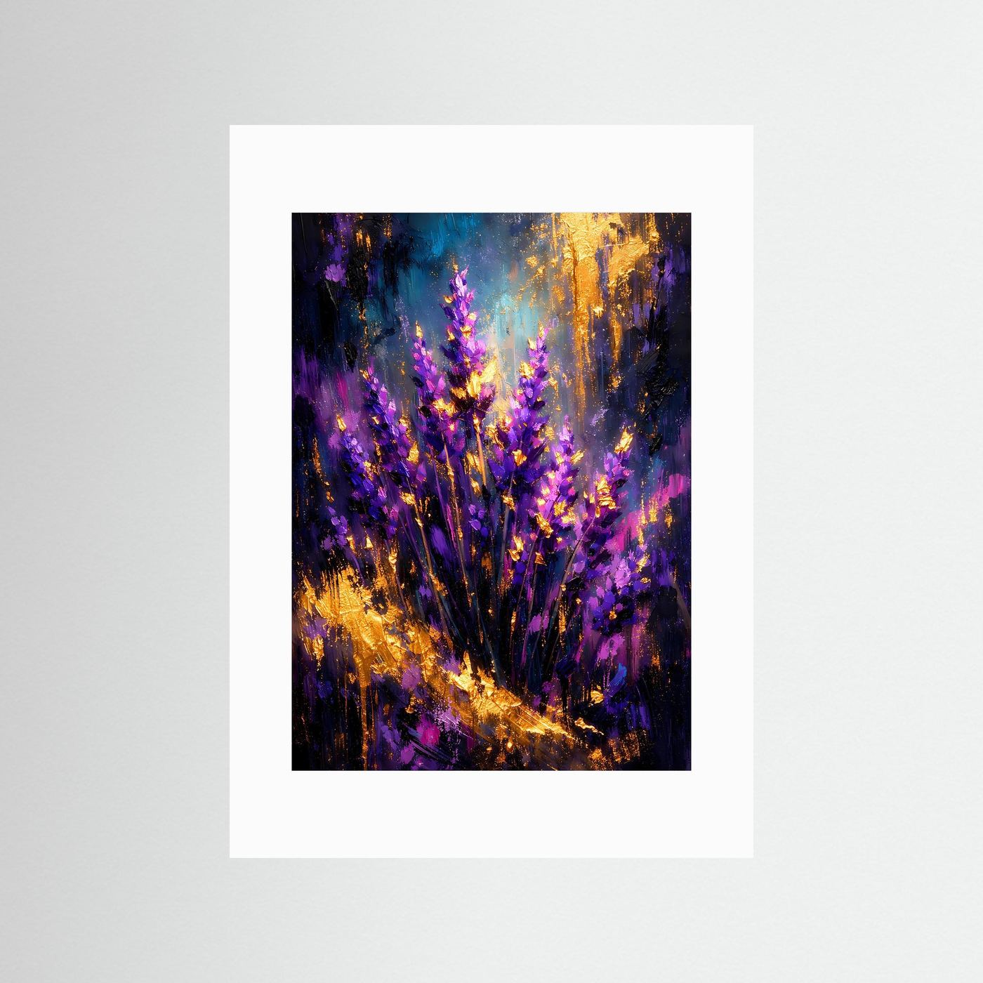 Abstraktes Lavendelkunstposter mit weißem Passepartout, violett, blau und goldene Akzente