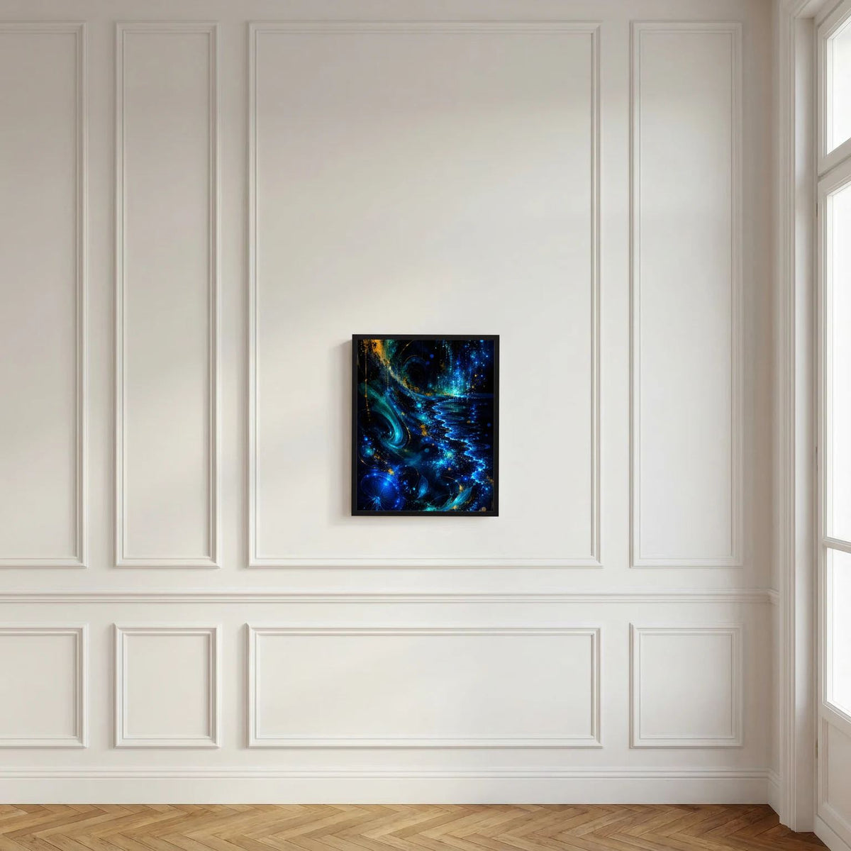 Gerahmtes Hochformat-Poster mit abstrakten Wellen in Blau und Gold vor weißer Wand