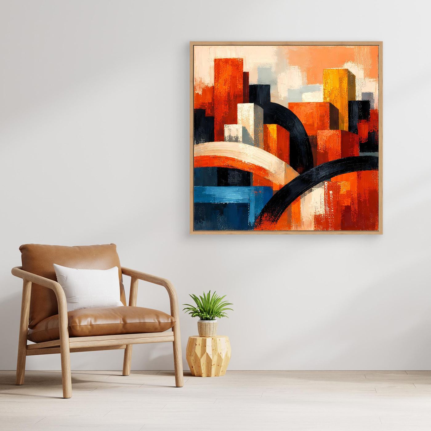 Leinwandbild mit Holzrahmen, abstrakte Skyline mit weißen Bögen und dunklen Gebäudeflächen