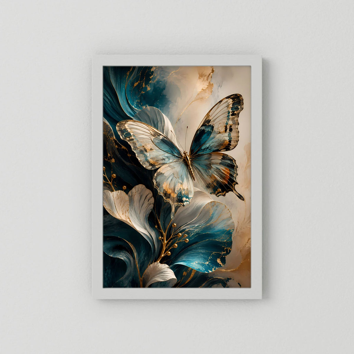 Eleganter Schmetterling in Petrol und Gold | Abstrakte florale Kunst | Poster Hochformat