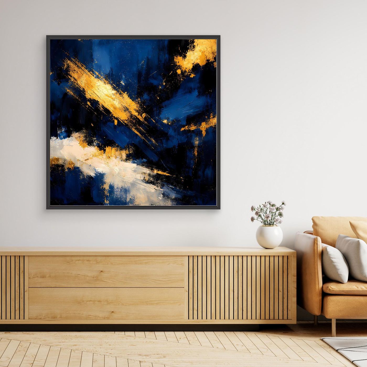 Leinwand Abstraktes Universum in Dunkelblau und Gold | Modernes Expressionistisches Wandbild