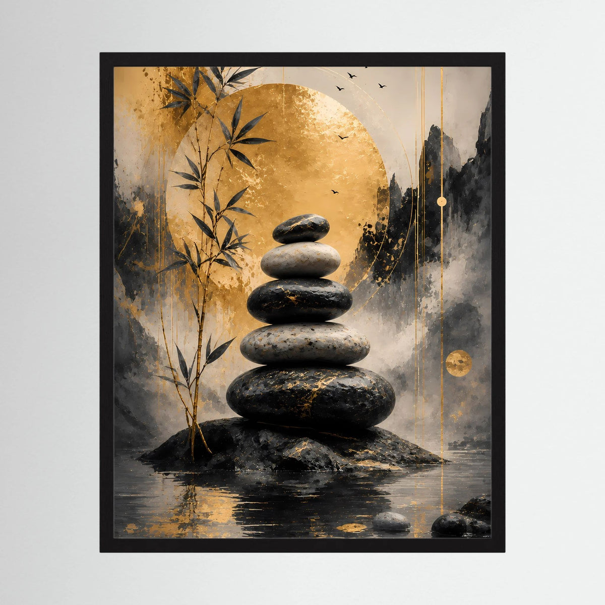 Gerahmtes Hochformat-Poster mit Stapel dunkler Steine, Bambuszweigen und goldgrauer Abstraktion