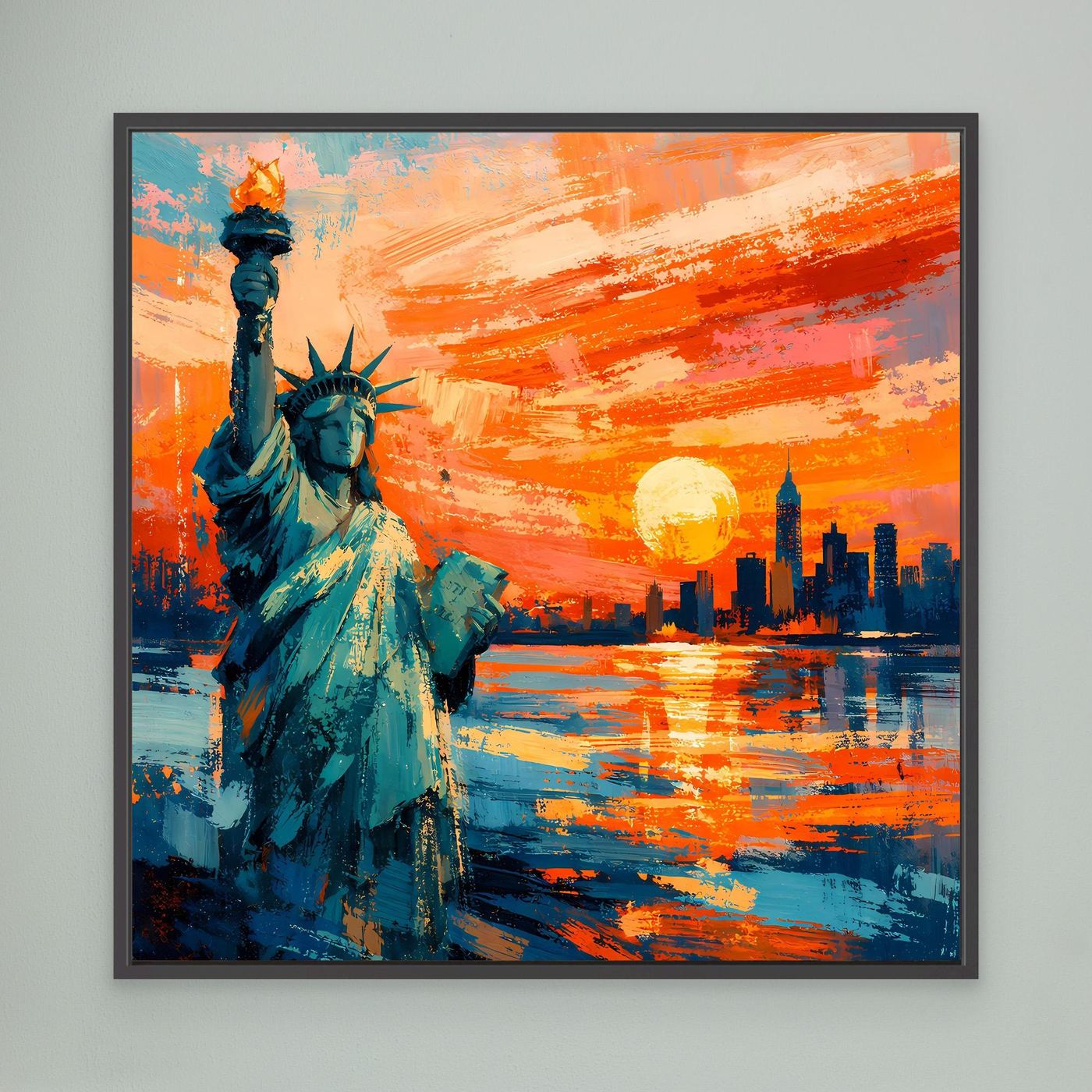 Leinwand-Wandbild mit Freiheitsstatue, türkis, orangefarbener Sonnenuntergang und Skyline